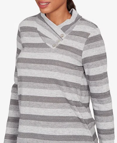 Ruby Rd. Petite Metallic Stripe Button Accent Knit Top In Gray