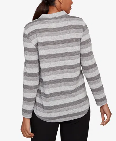 Ruby Rd. Petite Metallic Stripe Button Accent Knit Top In Gray
