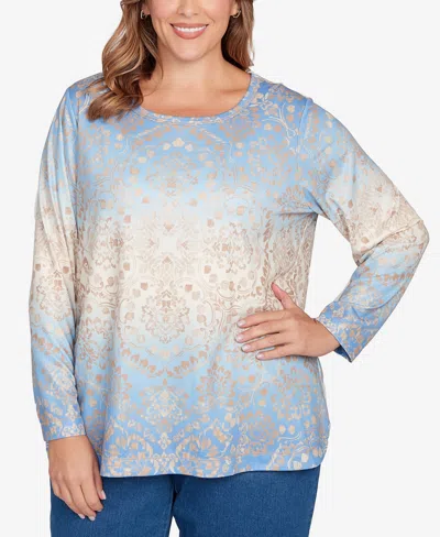 Ruby Rd. Plus Size Brushed Medallion Hatchi Knit Top In Blue