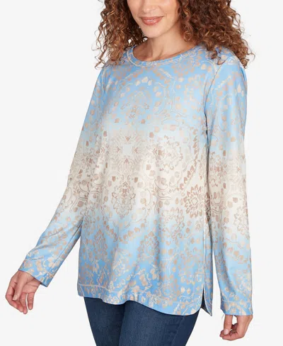 Ruby Rd. Petite Brushed Medallion Hatchi Knit Top In Blue