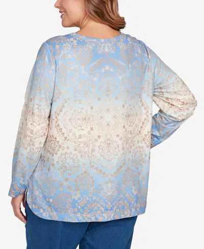 Ruby Rd. Plus Size Brushed Medallion Hatchi Knit Top In Blue