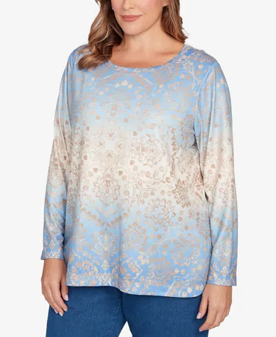 Ruby Rd. Plus Size Brushed Medallion Hatchi Knit Top In Blue