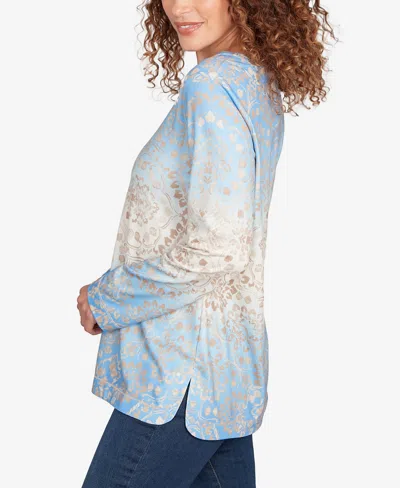 Ruby Rd. Petite Brushed Medallion Hatchi Knit Top In Blue