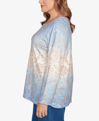 Ruby Rd. Plus Size Brushed Medallion Hatchi Knit Top In Blue
