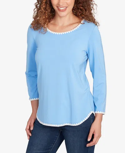 Ruby Rd. Petite Contrast Embroidered Solid Knit Top In Blue