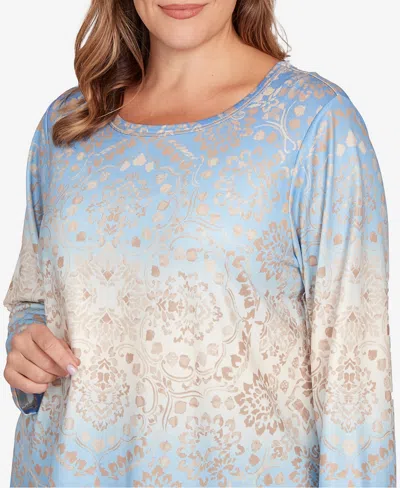 Ruby Rd. Plus Size Brushed Medallion Hatchi Knit Top In Blue