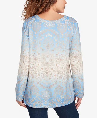 Ruby Rd. Petite Brushed Medallion Hatchi Knit Top In Blue