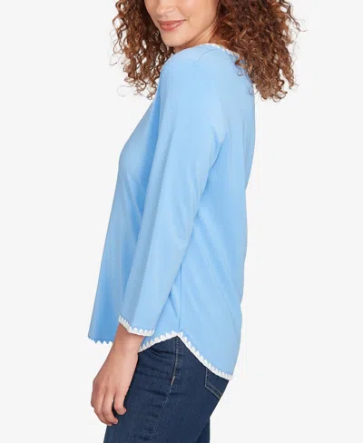 Ruby Rd. Petite Contrast Embroidered Solid Knit Top In Blue