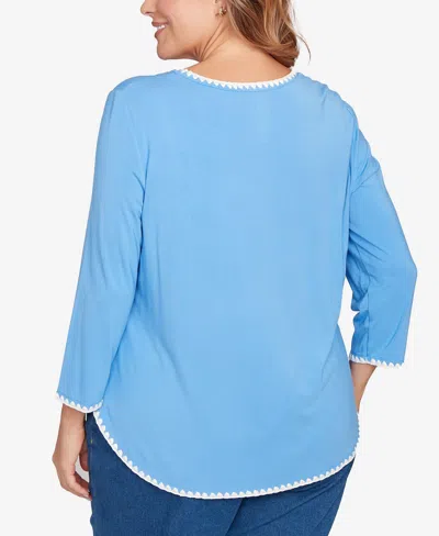 Ruby Rd. Plus Size Contrast Embroidered Solid Knit Top In Blue