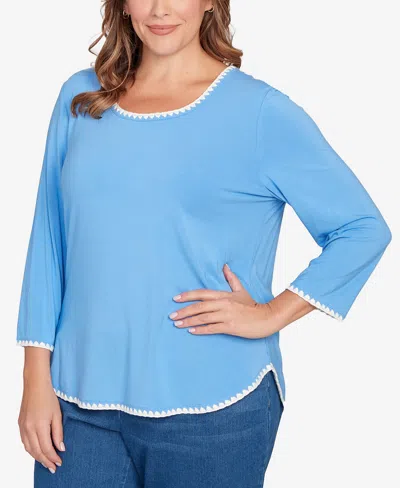 Ruby Rd. Plus Size Contrast Embroidered Solid Knit Top In Blue