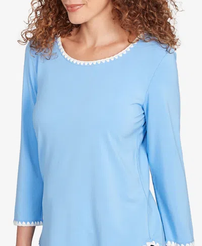 Ruby Rd. Petite Contrast Embroidered Solid Knit Top In Blue