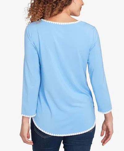 Ruby Rd. Petite Contrast Embroidered Solid Knit Top In Blue
