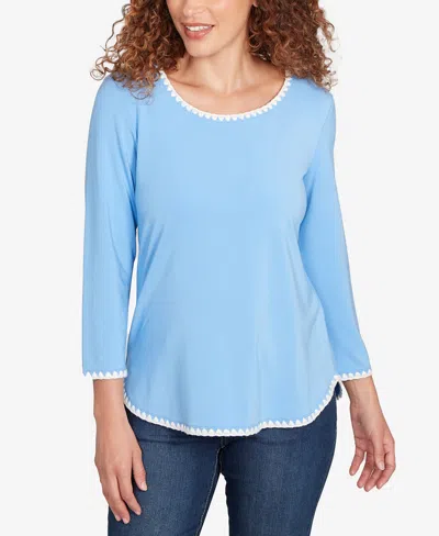 Ruby Rd. Petite Contrast Embroidered Solid Knit Top In Blue