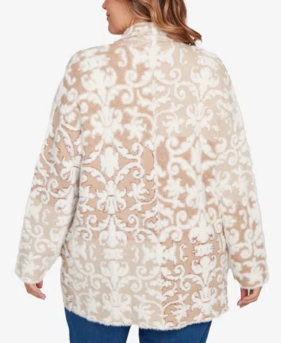 Ruby Rd. Plus Size Eyelash Scroll Jacquard Cardigan Sweater In Brown