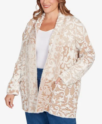 Ruby Rd. Plus Size Eyelash Scroll Jacquard Cardigan Sweater In Brown
