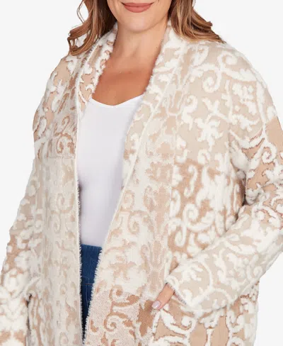Ruby Rd. Plus Size Eyelash Scroll Jacquard Cardigan Sweater In Brown