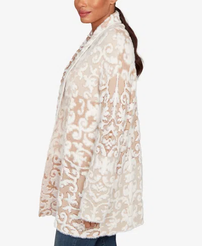 Ruby Rd. Petite Eyelash Scroll Jacquard Cardigan Sweater In Brown