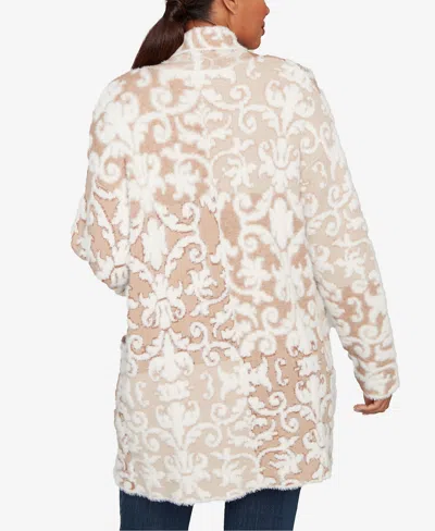 Ruby Rd. Petite Eyelash Scroll Jacquard Cardigan Sweater In Brown