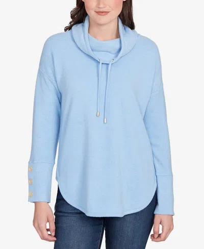Ruby Rd. Petite Cowl Neck Cozy Hatchi Drawstring Top In Blue