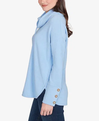 Ruby Rd. Petite Cowl Neck Cozy Hatchi Drawstring Top In Blue