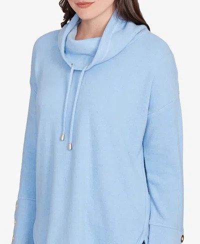 Ruby Rd. Petite Cowl Neck Cozy Hatchi Drawstring Top In Blue