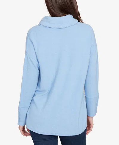 Ruby Rd. Petite Cowl Neck Cozy Hatchi Drawstring Top In Blue