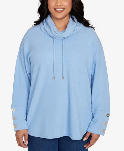 Ruby Rd. Plus Size Cowl Neck Cozy Hatchi Drawstring Top In Blue