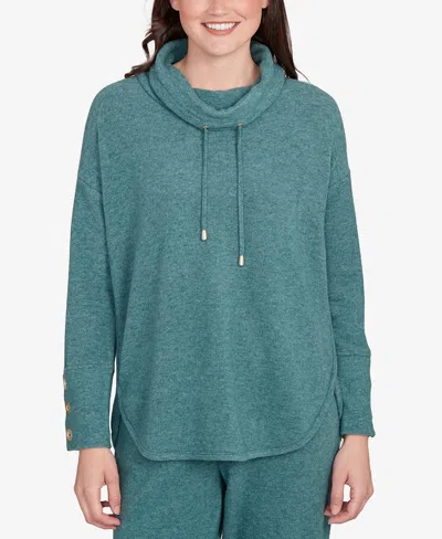 Ruby Rd. Petite Cowl Neck Cozy Hatchi Drawstring Top In Green