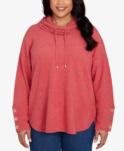 Ruby Rd. Plus Size Cowl Neck Cozy Hatchi Drawstring Top In Red