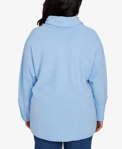 Ruby Rd. Plus Size Cowl Neck Cozy Hatchi Drawstring Top In Blue
