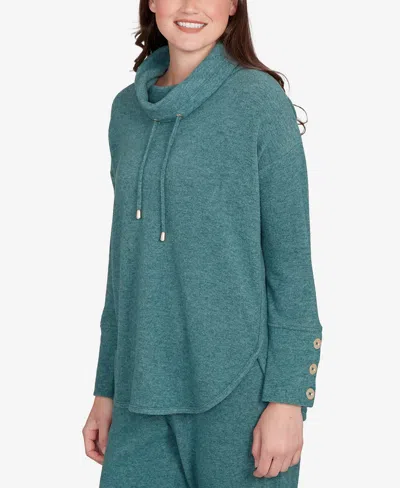 Ruby Rd. Petite Cowl Neck Cozy Hatchi Drawstring Top In Green