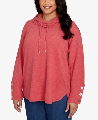 Ruby Rd. Plus Size Cowl Neck Cozy Hatchi Drawstring Top In Red