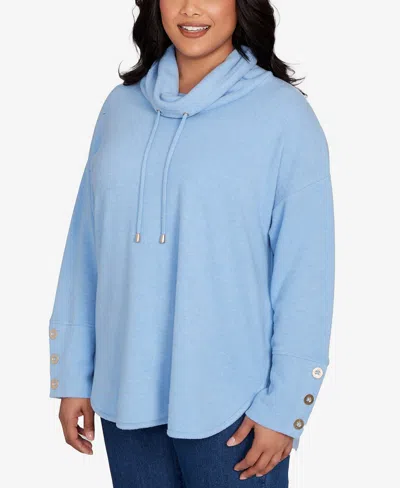 Ruby Rd. Plus Size Cowl Neck Cozy Hatchi Drawstring Top In Blue