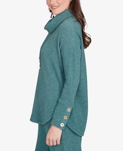 Ruby Rd. Petite Cowl Neck Cozy Hatchi Drawstring Top In Green
