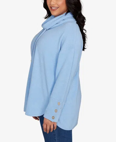 Ruby Rd. Plus Size Cowl Neck Cozy Hatchi Drawstring Top In Blue