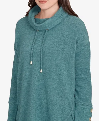Ruby Rd. Petite Cowl Neck Cozy Hatchi Drawstring Top In Green