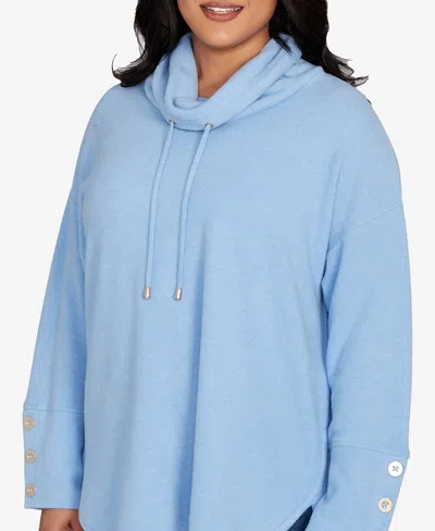 Ruby Rd. Plus Size Cowl Neck Cozy Hatchi Drawstring Top In Blue