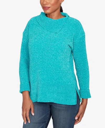 Ruby Rd. Petite Split Cowl Chenille Pullover Sweater In Blue