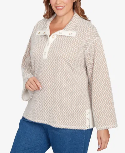 Ruby Rd. Plus Size Zig Zag Snappy Sweater Knit Top In Neutral