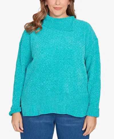 Ruby Rd. Plus Size Split Cowl Chenille Pullover Sweater In Blue