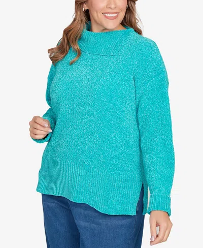 Ruby Rd. Plus Size Split Cowl Chenille Pullover Sweater In Blue