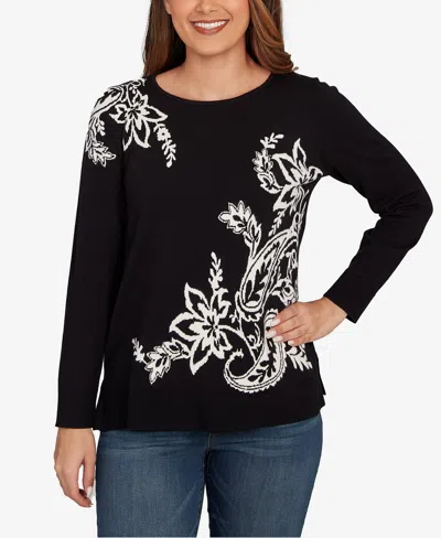 Ruby Rd. Petite Floral Paisley Jacquard Sweater In Black