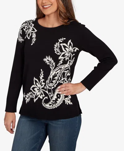 Ruby Rd. Petite Floral Paisley Jacquard Sweater In Black