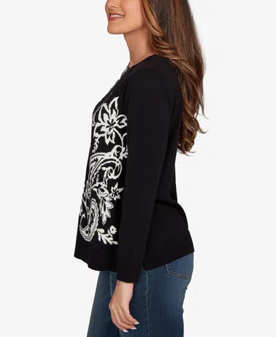 Ruby Rd. Petite Floral Paisley Jacquard Sweater In Black