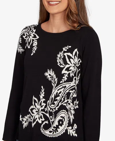 Ruby Rd. Petite Floral Paisley Jacquard Sweater In Black