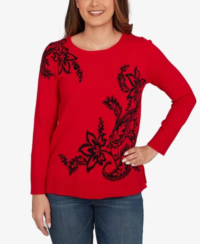 Ruby Rd. Petite Floral Paisley Jacquard Sweater In Red