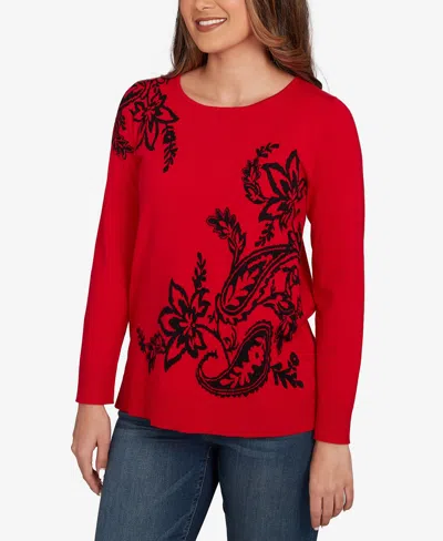 Ruby Rd. Petite Floral Paisley Jacquard Sweater In Red