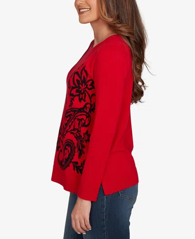 Ruby Rd. Petite Floral Paisley Jacquard Sweater In Red