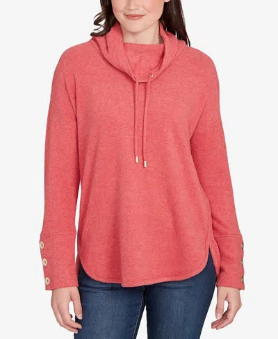 Ruby Rd. Petite Cowl Neck Cozy Hatchi Drawstring Top In Pink