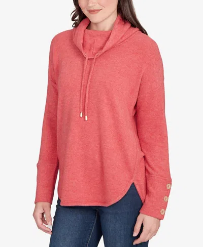 Ruby Rd. Petite Cowl Neck Cozy Hatchi Drawstring Top In Pink